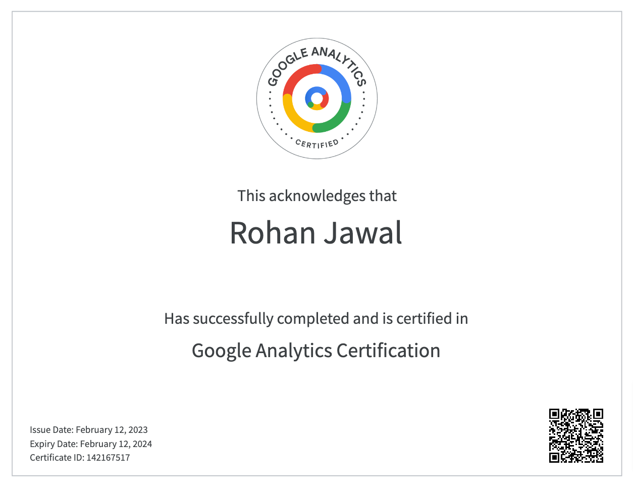 Google Analytics Certification of Rohan Jawal. Search Engine Optimizer (SEO) | eCommerce Strategy Planner